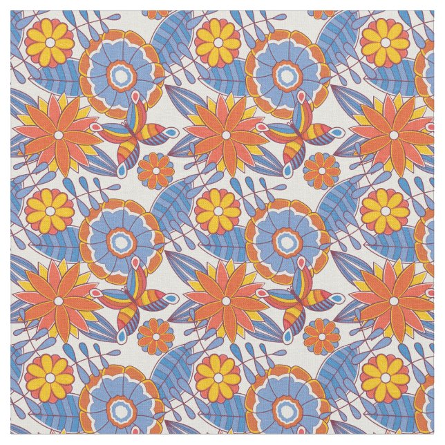 Retro Blue- och Orange-Blommigt Tyg (Närbild)