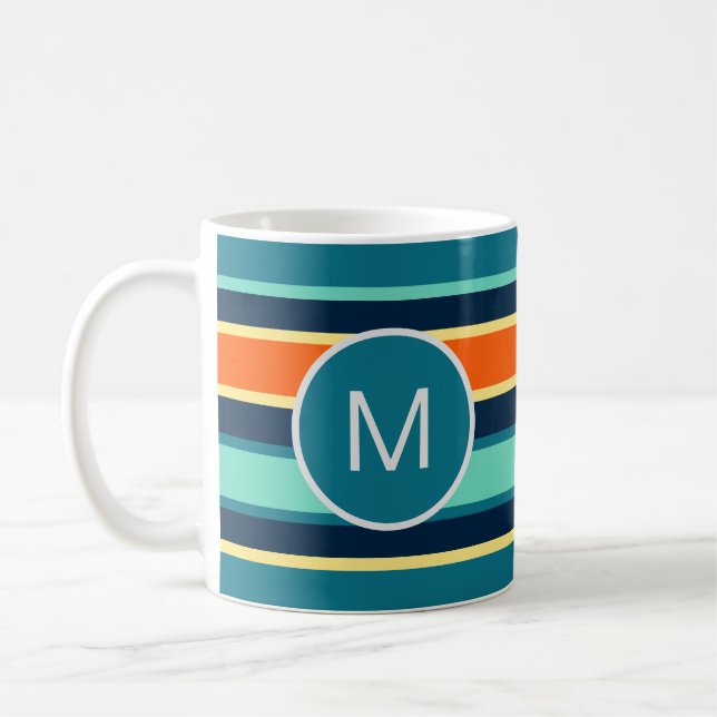 Retro Blue Orange Anpassningsbar Färg Stripe Monog Kaffemugg (Vänster)
