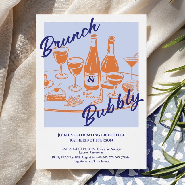 Retro blue orange “Brunch & Bubbly” Bridal Shower Inbjudningar (Skapare uppladdad)