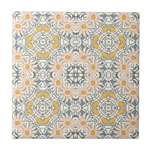 Retro Blue Orange Gult Daisy Graphic Mönster Kakelplatta