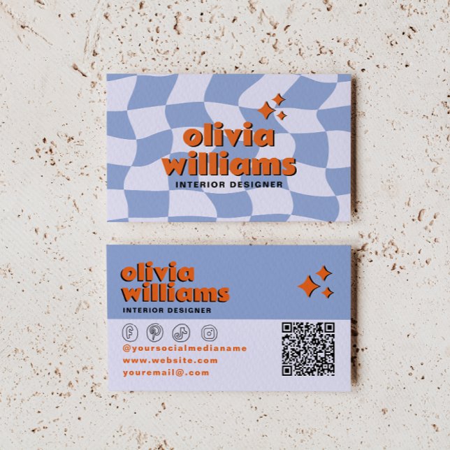 Retro Blue Orange QR Code Groovy Checkered Unique  Visitkort (Skapare uppladdad)