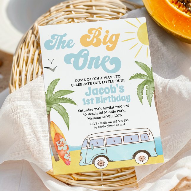 Retro Blue-Orangen överlevde den stora första föde Inbjudningar (The Big One Surf 1st Birthday Invitation Template, Beach Surf The Big One 1st Birthday Invitation, 
)