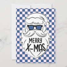 Retro Blue Pink Checkered Santa Claus Christmas
