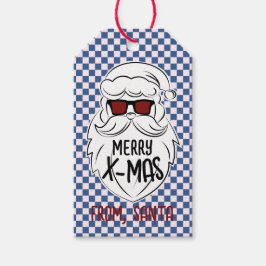 Retro Blue Pink Checkered Santa Claus Christmas Presentetikett