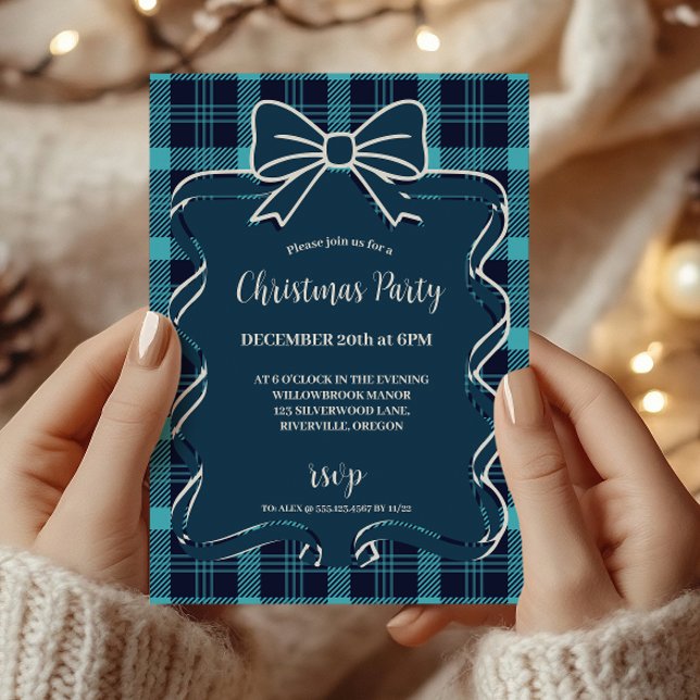 Retro Blue Plaid Whimsical Christmas  Inbjudningar (Skapare uppladdad)