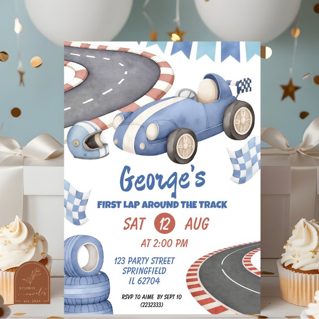 Retro Blue Racing Födelsedag Första Varvet Inbjudningar (Skapare uppladdad)