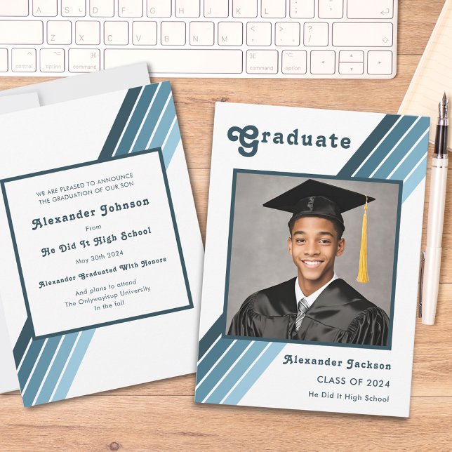 Retro Blue Rand Grad Photo High School Meddelande (Retro blue groovy 70s vintage grad photo high school graduation announcement card)