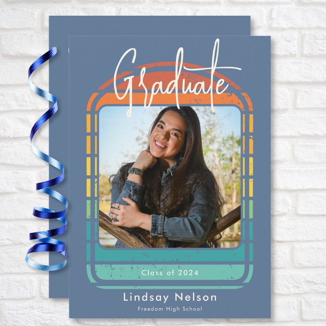 Retro Blue Red Orange Sunset Arch Photo Studenten Inbjudningar (Retro Blue Red Orange Sunset Arch Photo Graduation Invitation)