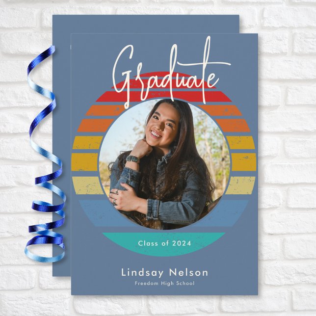 Retro Blue Red Orange Sunset Photo Studenten Inbjudningar (Retro Blue Red Orange Sunset Arch Photo Graduation Invitation)