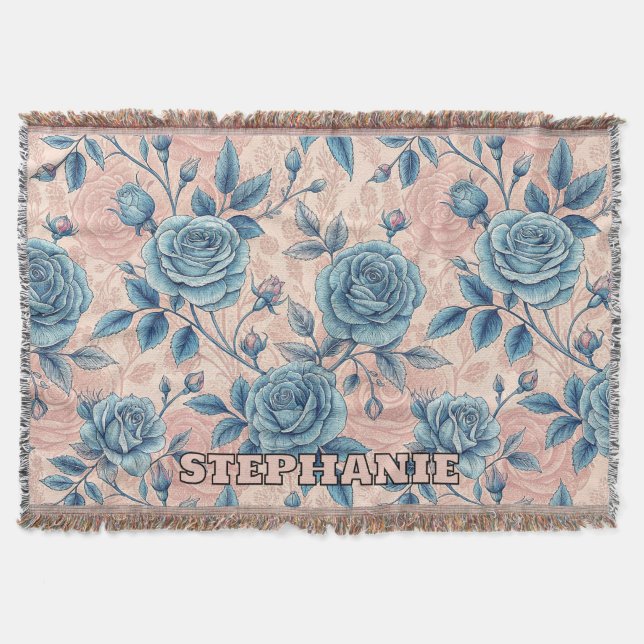 Retro Blue Ro Mönster på mjuk Rosa - bakgrund Filt (Framsidan)