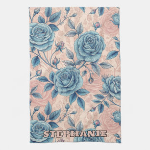 Retro Blue Ro Mönster på mjuk Rosa - bakgrund Kökshandduk