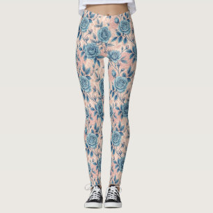Retro Blue Ro Mönster på mjuk Rosa - bakgrund Leggings