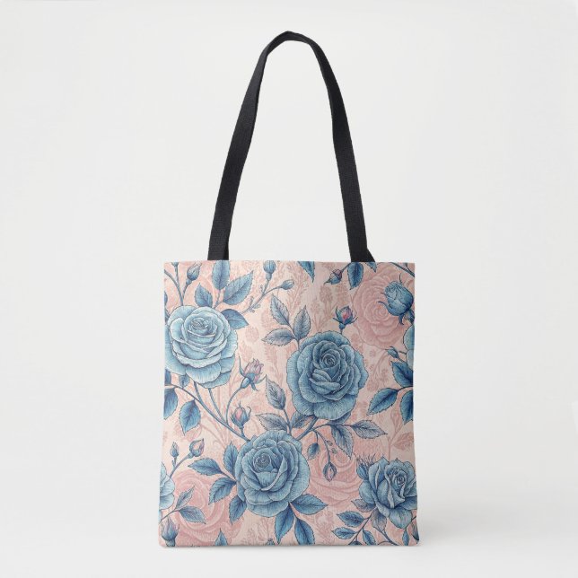 Retro Blue Ro Mönster på mjuk Rosa - bakgrund Tygkasse (Framsida)