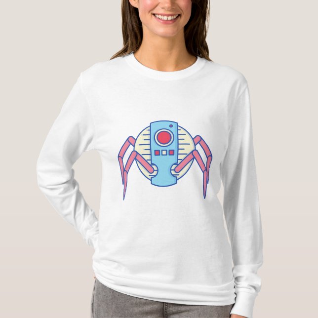 Retro Blue Robot Spider Walker Illustration T Shirt (Framsida)
