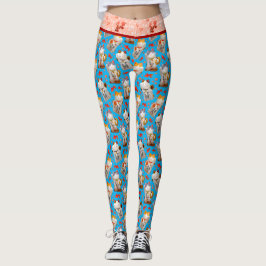 Retro Blue Rosa Japanska Maneki Neko Cat och Koi Leggings