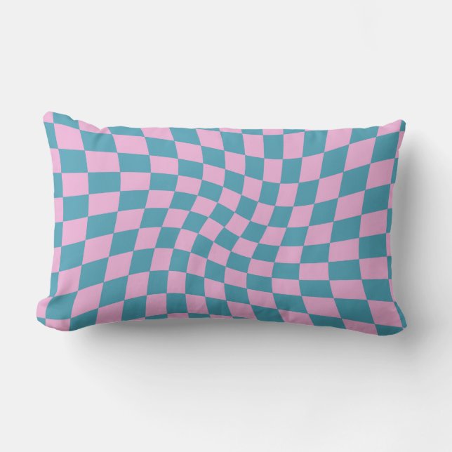 Retro Blue Rosa Pastel Warpe Checkerboard Lumbarkudde (Framsida)