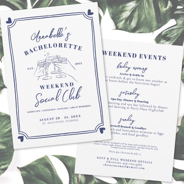Retro Blue Sällskapsklubb Möhippa Inbjudningar (Hand Drawn Social Club Bachelorette Invitation )