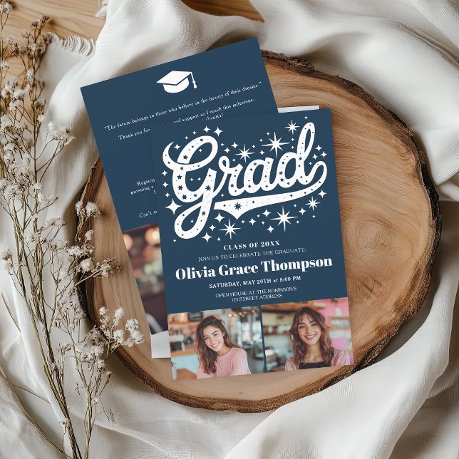 Retro Blue Script Stars 3-Photo Studentfest Inbjudningar (Retro Blue Script Stars 3-Photo Graduation Party Invitation)