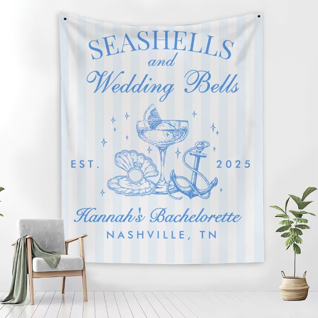 Retro Blue Seashells & Bröllop Klockor Bachelorett Fleecefilt (Skapare uppladdad)