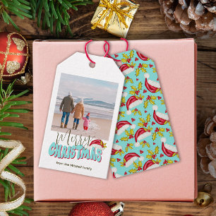 Retro Blue Simple Photo Festive God jul Presentetikett