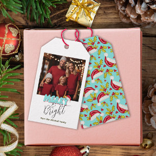 Retro Blue Simple Photo Merry Bright Jul Presentetikett