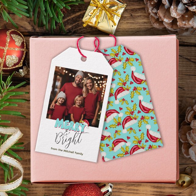 Retro Blue Simple Photo Merry Bright Jul Presentetikett (Skapare uppladdad)