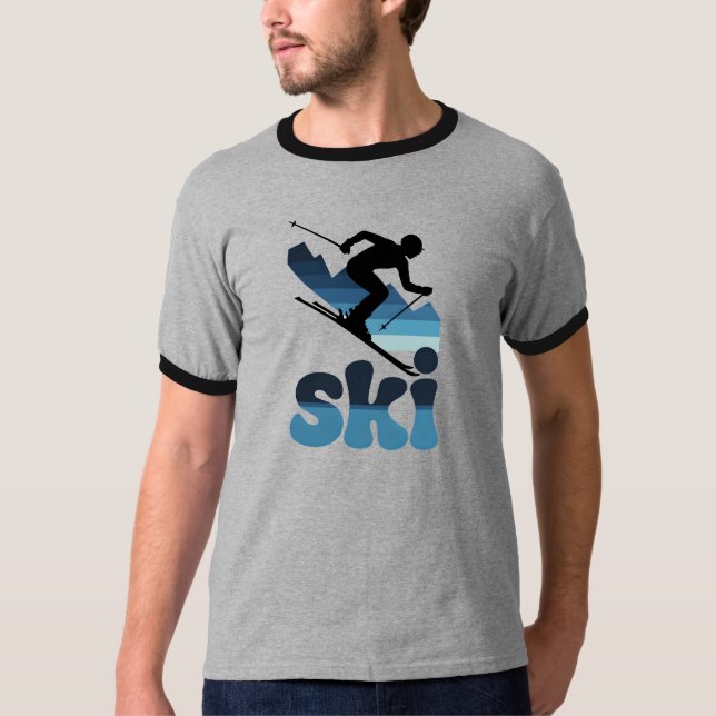 Retro Blue Ski T-Shirt – Modern 70s Style Skiing T (Framsida)
