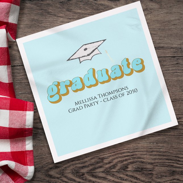 Retro Blue Studentfest Anpassningsbar Luncheon Pappersservett (Graduation blue retro style lettering lunchoen napkin,)