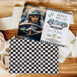Retro Blue Tävling Car Balloon Boy Birthday Photo Inbjudningar