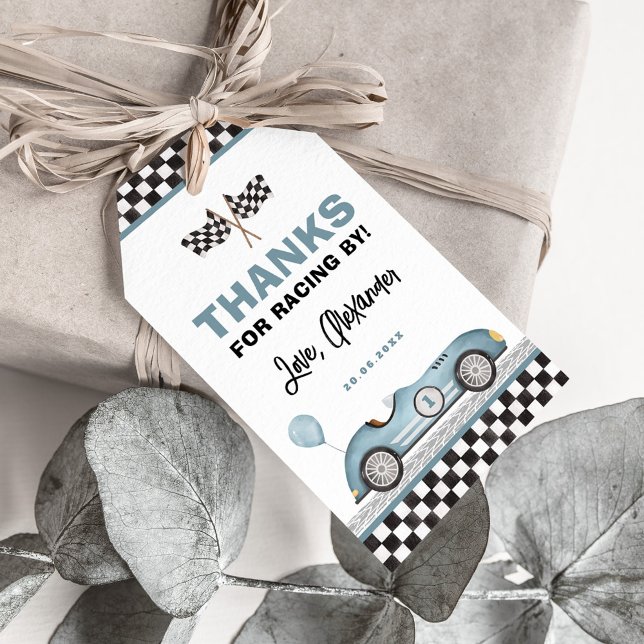 Retro Blue Tävling Car Fast One Boy Birthday Favor Presentetikett (Skapare uppladdad)