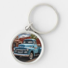 Retro Blue Truck Travel Round Keychain Rund Silverfärgad Nyckelring