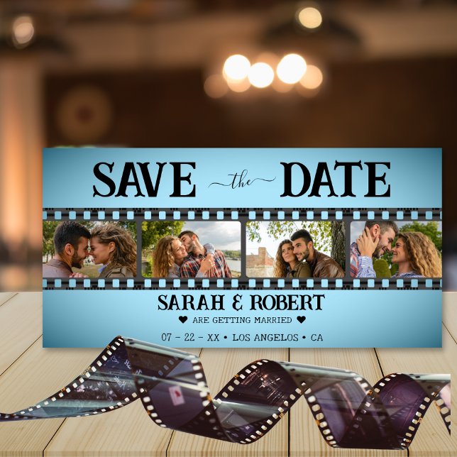 Retro Blue Vignette Photo Collage Film Strip Spara Datumet (Blue Retro Vignette Photo Collage Film Strip Save The Date)