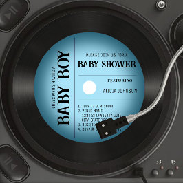 Retro Blue Vignette Vinyl Record Boy Shower Inbjudningar