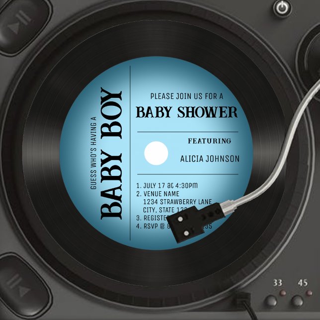 Retro Blue Vignette Vinyl Record Boy Shower Inbjudningar (Retro Blue Vignette Vinyl Record Boy Baby Shower Invitation)