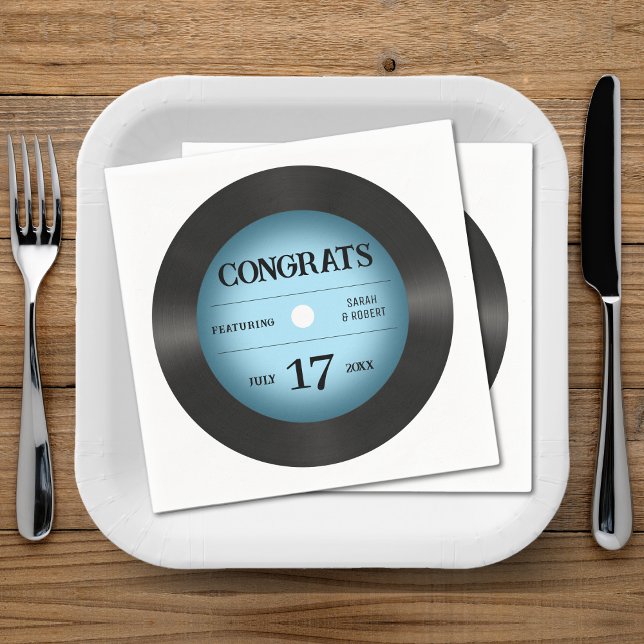 Retro Blue Vinyl Record Bröllop Grattisar Pappersservett (Retro Blue Vinyl Record Wedding Congratulations Napkins
)