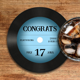 Retro Blue Vinyl Record Bröllop Grattisar Underlägg Papper Rund