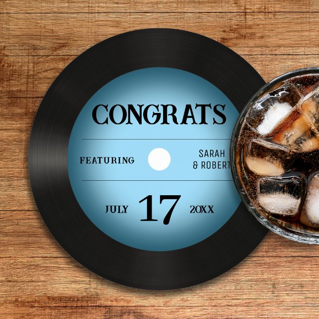 Retro Blue Vinyl Record Bröllop Grattisar Underlägg Papper Rund (Retro Blue Vinyl Record Wedding Congratulations Round Paper Coaster
)
