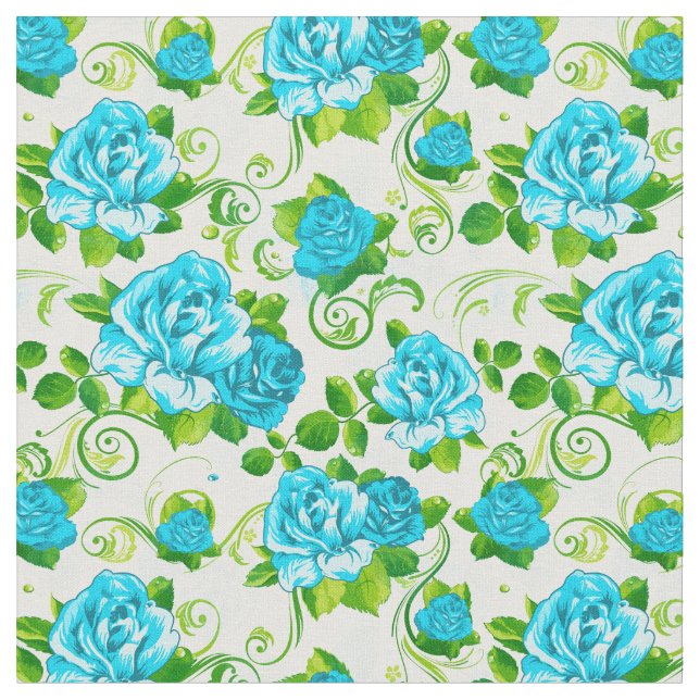 Retro Blue & Vit ros Blommönster 2 Fabric Tyg (Närbild)