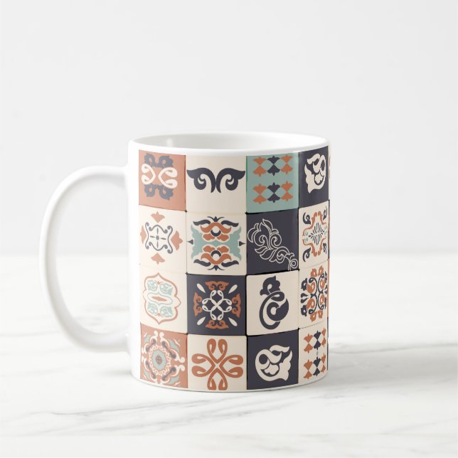 Retro Blue, white och orange Azulejos Mönster Lisb Kaffemugg (Vänster)