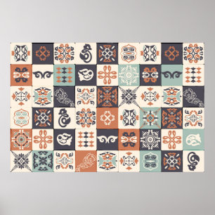 Retro Blue, white och orange Azulejos Mönster Lisb Poster