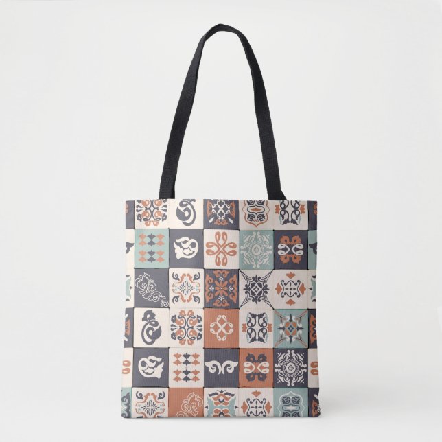 Retro Blue, white och orange Azulejos Mönster Lisb Tygkasse (Framsida)