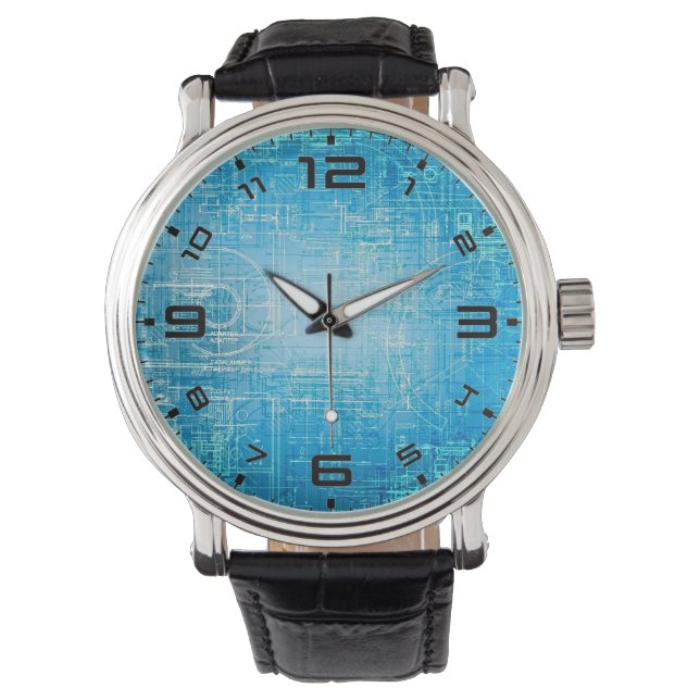 Retro Blueprint Artistic Watch - Vibrant och Blue Armbandsur (Framsida)