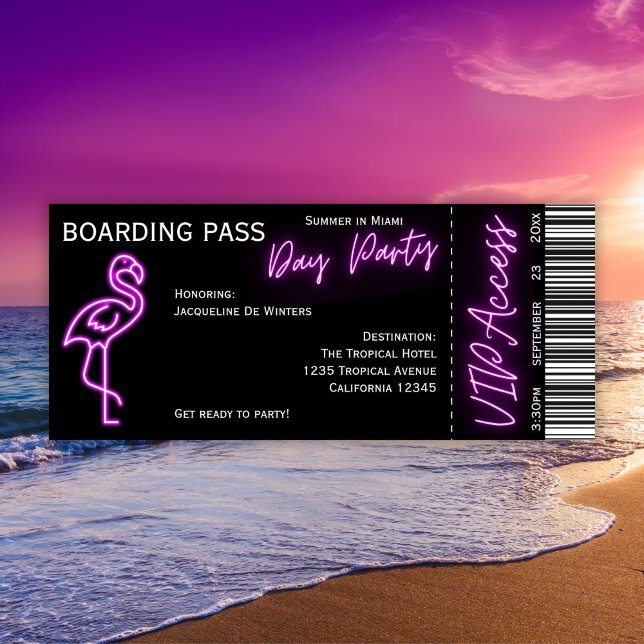 Retro Boarding Pass Neon Flamingo sommardag Party Inbjudningar (Skapare uppladdad)