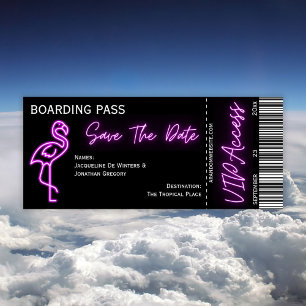 Retro Boarding Pass Neon Flamingo Spara datum Inbjudningar