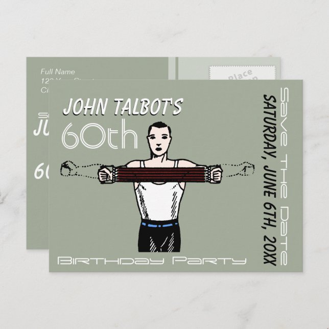 Retro Bodybuilding 60-årsdag Spara datumet Meddelande Vykort (Fram/baksida)