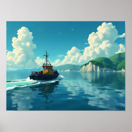 Retro bogserbåt nautiskt kustlandskap poster
