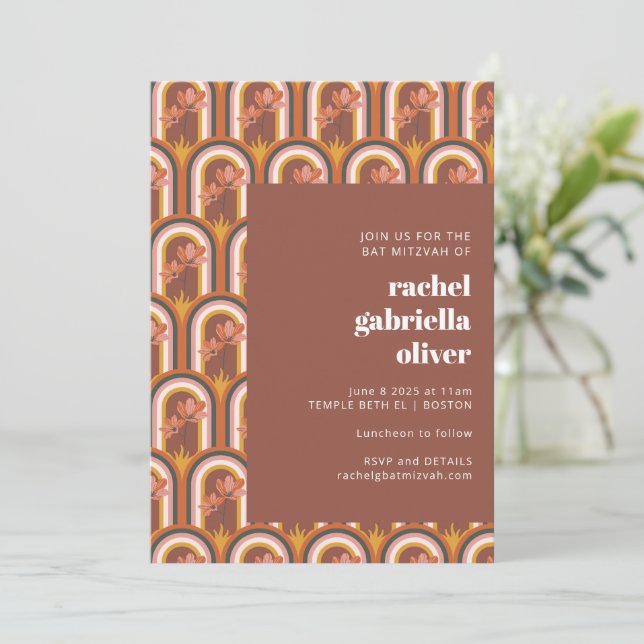 Retro Bohemian Terracotta Blommigt Bat mitzvah Inbjudningar (Stående Fram)