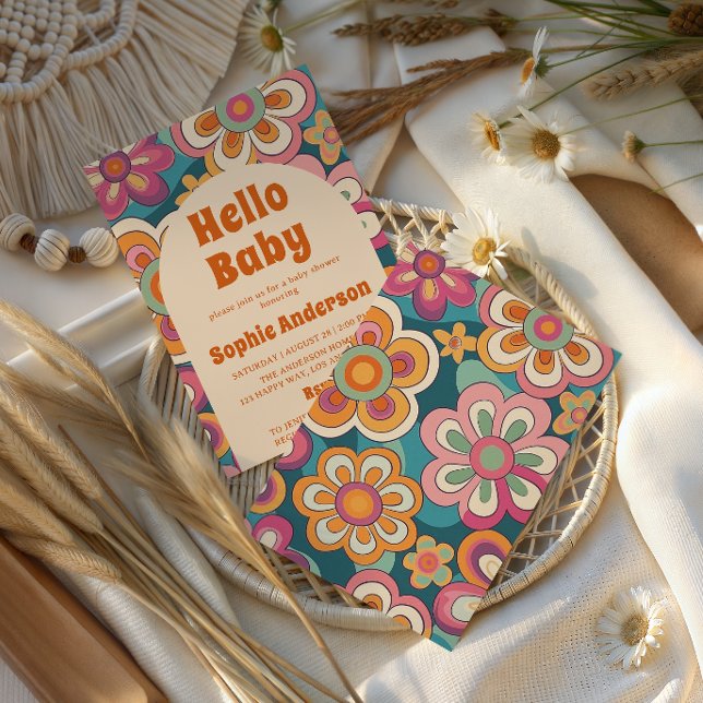 Retro Boho 70-tals Groovy Blommig Bebis-fest Inbjudningar (Skapare uppladdad)