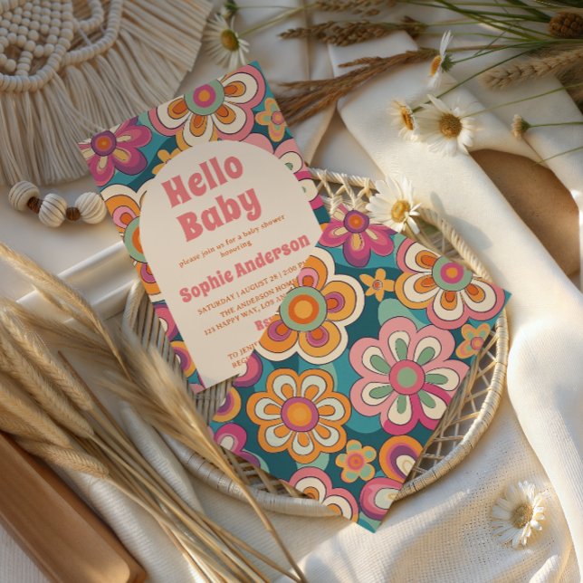 Retro Boho 70-tals Groovy Blommig Bebis-fest Inbjudningar (Skapare uppladdad)