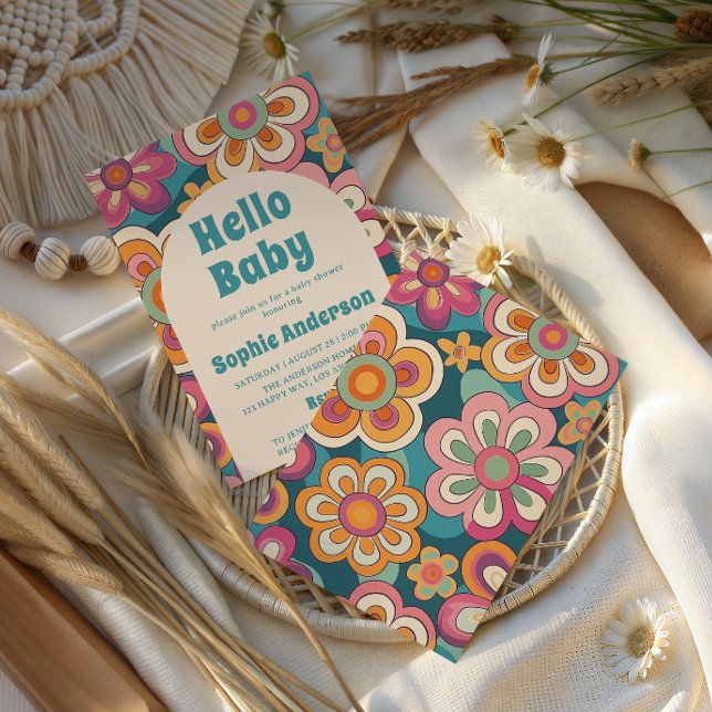 Retro Boho 70-tals Groovy Blommig Bebis-fest Inbjudningar (Skapare uppladdad)